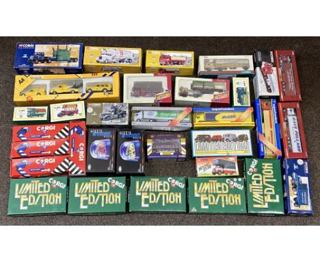 32x assorted Corgi models including Classics, Moving Story, Fighting Vehicles, Road Transport Heritage examples, all boxed.&n