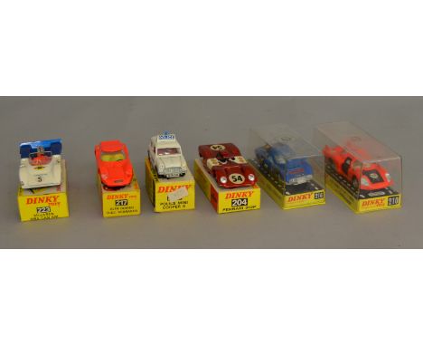 6x vintage boxed Dinky Toys including #204 Ferrari 312P, #217 Alfa Romeo OSI Scarabeo.