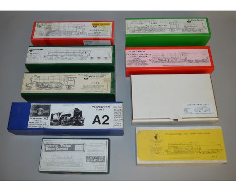 OO Gauge. 9x white metal model railway locomotive kits, all boxed. (Not checked for completeness)