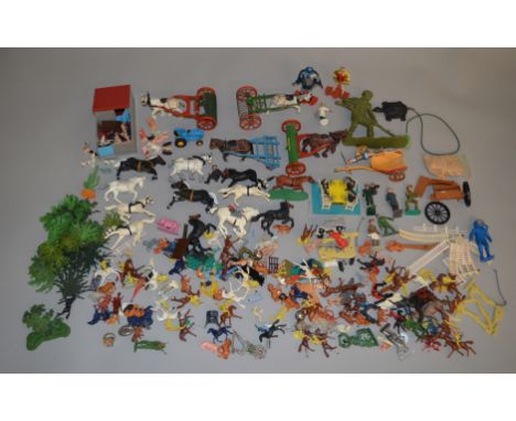 A mixed lot of vintage plastic figures and accessories including 1960s Cherilea Batman and Robin figures, Britains's Chimp's 