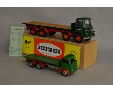 A vintage 1950s Shackleton Foden clockwork lorry in green with red arches, together with a 21st Century Limited Edition boxed