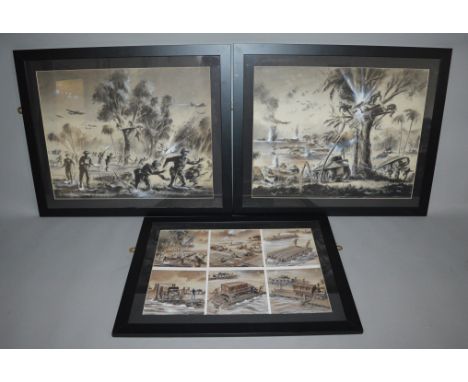 Ron Jobson. 3x Original Paintings&nbsp;showing WW2 Pacific theatre military scenes. Watercolour and pencil on Whatman drawing