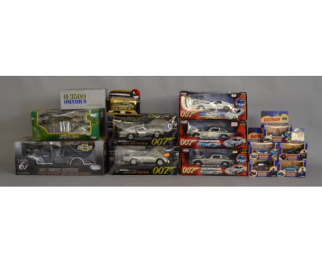 14x Assorted diecast models including AutoArt James Bond 1:18 scale examples and Corgi 1:43 scale batman examples, all boxed.