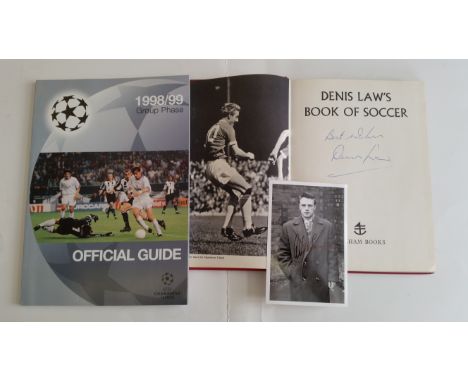 FOOTBALL, Manchester United selection, inc. signed (2), Denis Law, hardback edition of Book of Soccer, Albert Scanlon, postca