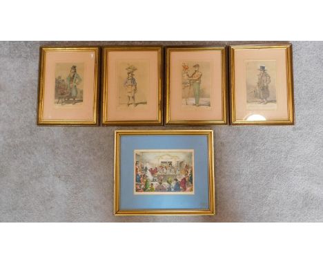 A set of four framed and glazed hand coloured prints and a Gilray print. 40x32cm 
