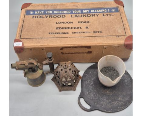 19th Century Holyrood laundry Ltd London Road advertising box; Sievert Brass Burner, Antique Cooking Skillet pan, Novelty cas