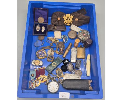 Crate of collectables; Silver pocket watch, Green boxed sewing kit, Fruit knife, Victorian coins, Jew Harp and collectables.