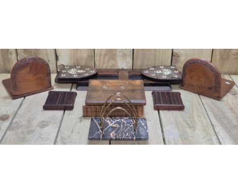Tray of collectables; Victorian sliding book ends with brass bindings, Art deco marble base letter holder, Eastern puzzle jew