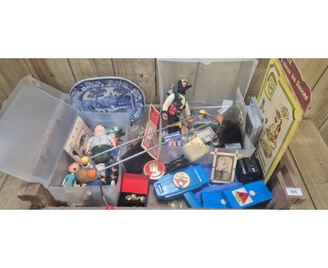 Crate of collectables; Mettoy Walt Disney movie viewer with slides, Guinness advertising coasters, Royalty commemorative item