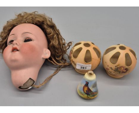 Selection of Collectables; Armand Marseille porcelain dolls head, Pair of Royal Worcester basket bud vases &amp; small Locke 