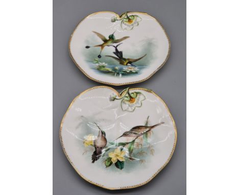 Two 19th century George Jones &amp; son porcelain hand painted plates with wild bird scenes. 20x22cm. 