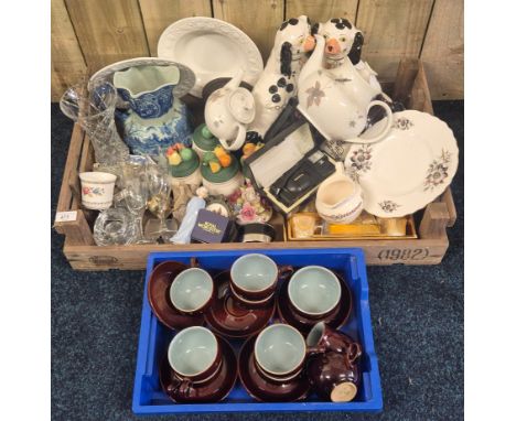 Crate of collectables; Wally Dogs, Denby tea set, Reijmyre Swedish glass figure, teas set in fitted box &amp; Royal Worcester