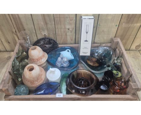 Crate of art glass; Art glass shades, Clouded Glass Bowl with insert, Swedish style glass bowls , milk glass lidded dish &amp