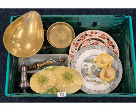 Tray of collectables; Vintage weighing scales with weights, Carlton Ware Australian wares, Silver plated sugar sifter, Wedgew