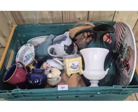 Crate of ceramics; Meissen Vase, Doulton Lambeth Vase, Scottish pottery jug, blue mountain jug, Wedgewood &amp; other items