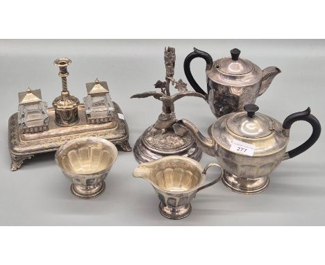 Four piece Silver plated Bachelors tea service together with Silver plated epergne holder &amp; Silver plated double ink well