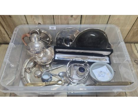 Crate of silver plated items; Wedgewood London hallmarked silver rimmed small dish, Art Nouveau style silver plated plate, Ar