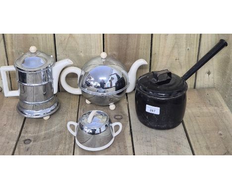 Collection of vintage kitchen wares; Three Piece art Deco tea set with chrome covers &amp; small cooking pot. 