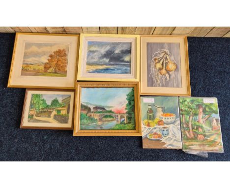 Selection of Various art works By Anstice; Bridge Scene Oil Painting on board, Watercolour Still Life Onions, Sea Side Waterc