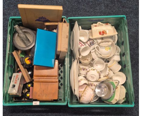 Two crates of collectables; Paragon tea set, Royal Tuscan, Bowling bowls, pestle and mortar, postcards, bakelite sewing box &
