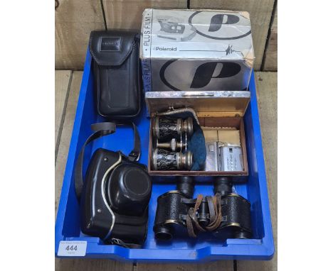 Tray of cameras and binoculars; W Watson &amp; Sons 1917 binoculars, inlaid binoculars, Prinz Mastermatix III camera 7 Polaro
