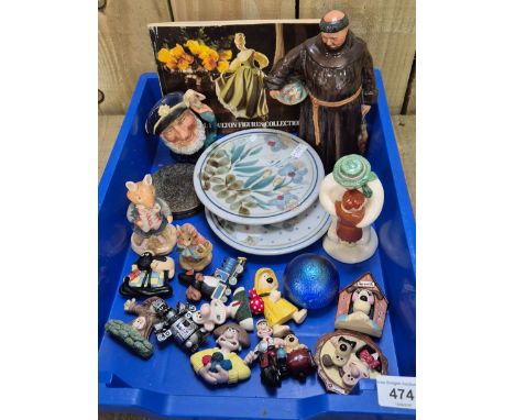 Tray of collectables; Pair of Highland stoneware plates, Royal Dolton Jovial Monk, Royal Doulton Snowman, vintage paperweight