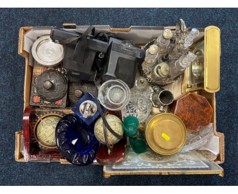 A Crate of collectables; interesting items, polaroid camera, Silver plated ware, Hexagonal Burwood tea caddy with metal liner