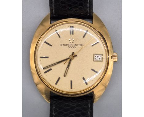 Vintage 18ct yellow gold Eterna- Matic 3003 gent's wristwatch. Fitted with leather strap. In a working condition. 