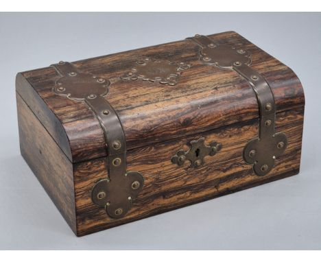 19th Century Howell James &amp; Co London Brass bound jewellery box with fitted blue silk interior. 10x23.5x15.5cm. 