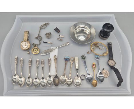 Tub of collectables; Ebony and silver peppermill, Timex Automatic watch and various odds.