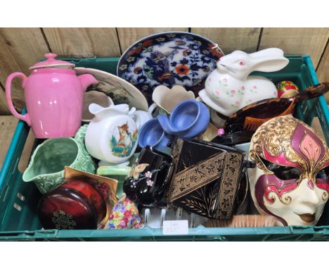 Crate of collectables; Butterfly design cream jug by Rosslyn Jet, Chintz pattern milk jug, Royal Winton vase, Ball mask , Syl