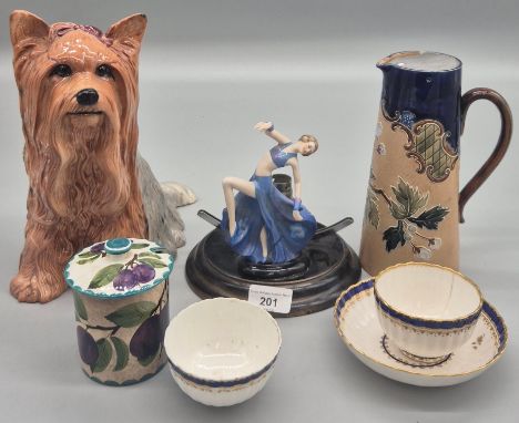 A Selection of Collectables; Art Deco Figural table lamp, Beswick Fire side Yorkie, Wemyss ware plum preserve pot with lid- h