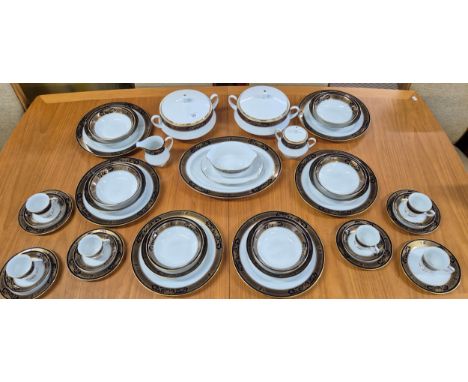 Legacy by Noritake "Grenoble" pattern Six place setting dinner and coffee set. Two lidded tureens, gravy boat and platter. Mi
