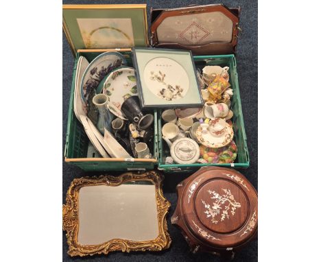 Two crates of collectables, Chinese rose wood table and magazine rack of odds; Studio pottery, Blue Mountain Pottery, Denby s