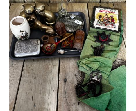 Tray of collectables; Granite Curling stone desk paperweight, Ancient of The Foresters Sash, Pewter Flask, Brass Cats &amp; o