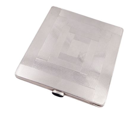 1920s silver cigarette case, the hinged cover with engine turned geometric decoration, with gilt interior, with London import