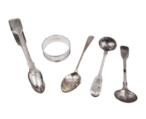 Group of silver, to include pair of Victorian Fiddle pattern sugar tongs, hallmarked London 1840, maker's mark IH , pair of G