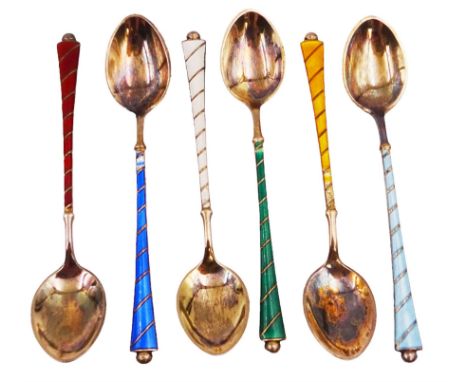 Set of six Danish silver gilt coloured guilloche enamel coffee spoons, each spoon with twist design enamel handle and ball fi