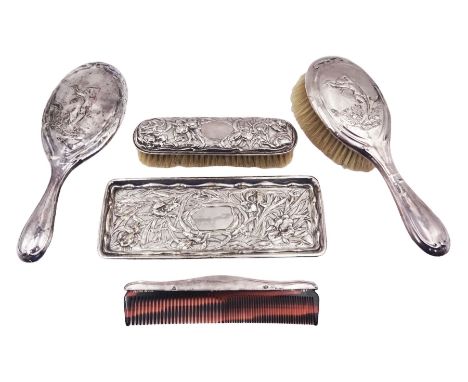 Group of silver, to include Edwardian dressing table tray, embossed with irises and a a matching clothes brush, both hallmark