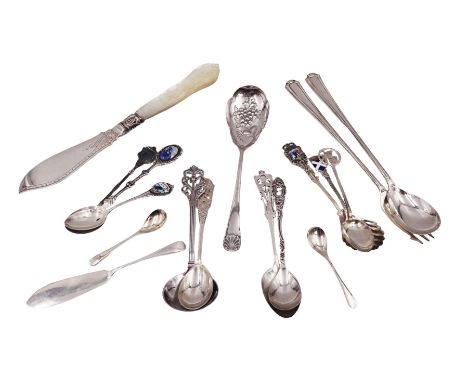 Group of silver flatware, including Victorian mother of pearl handled fish knife, modern silver serving fork and spoon, and a