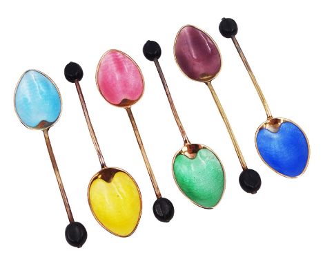 Set of six silver gilt guilloche enamel coffee bean spoons, each spoon with a coloured guilloche enamel bowl and black coffee