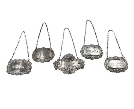 Five modern silver decanter labels, to include three similar Sherry and Brandy examples embossed with scrolls, two hallmarked