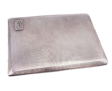 1930s silver cigarette case, of rectangular form, with engine turned decoration and applied initials to hinged cover, with pe