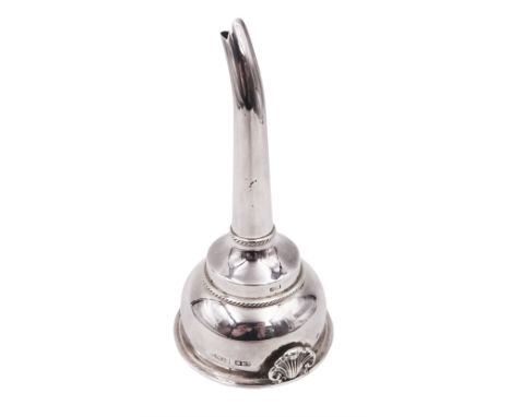 Modern silver wine funnel, of typical form, with oblique gadrooned rim, and shell decoration, hallmarked Laurence R Watson & 