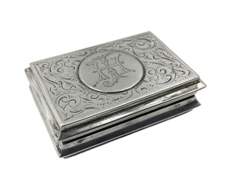 Edwardian silver snuff box, of rectangular form, with engraved scroll decoration and engraved initials to applied circular ca