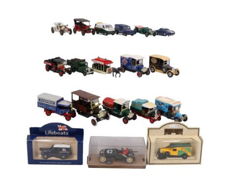 A group of diecast toy vehicles, including a plastic-cased Brumm inter-war racing car
