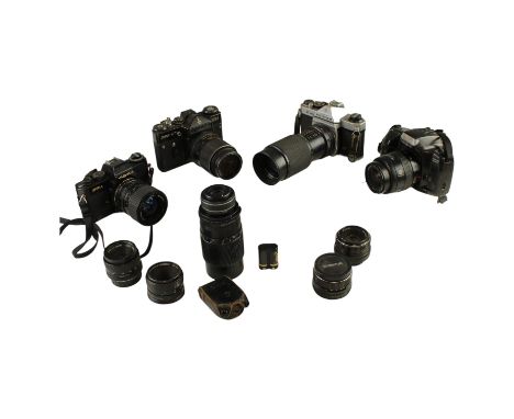 Yashica Fr1, Zenit EM and Pentax K1000 cameras together with lenses, etc