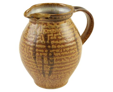 Michael Leach (1913-1985), Yelland Pottery, a studio pottery stoneware jug, oviform with loop handle, subtly and finely ribbe