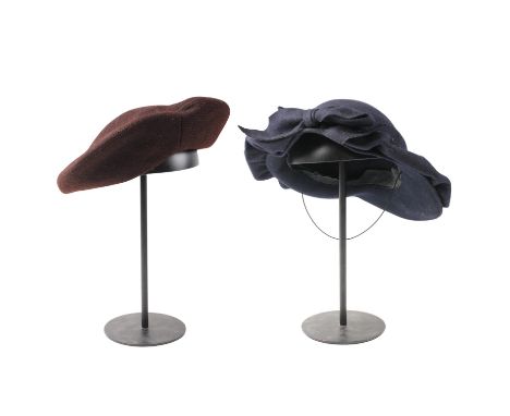 Two vintage ladies' hats comprising a Jacoll chocolate brown beret-like hat and a Marten Model navy felt fill-brimmed hat, ci