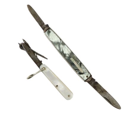 A lady's chatelaine folding combination knife by John Watts of Sheffield, having mother-of-pearl grip scales, 5 cm excluding 